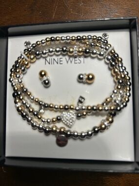 Nine West Gold and Silver Layered Beaded Bracelet Set with Pave Heart Charm